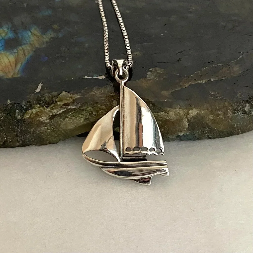 Sterling Silver 925 Unisex Sailboat Nautical Boat Pendant Necklace 20